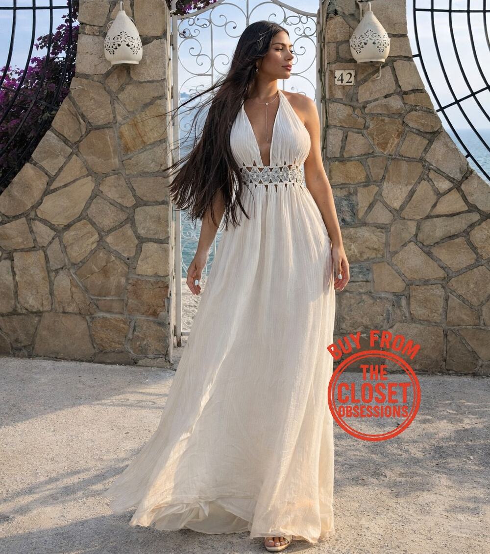 Zara NWT White Halter Plunge Cutout Maxi Dress L